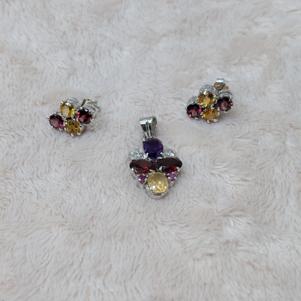 Silver Faux Gemstone Earrings And Necklace Charm with Purple and Yellow Accents